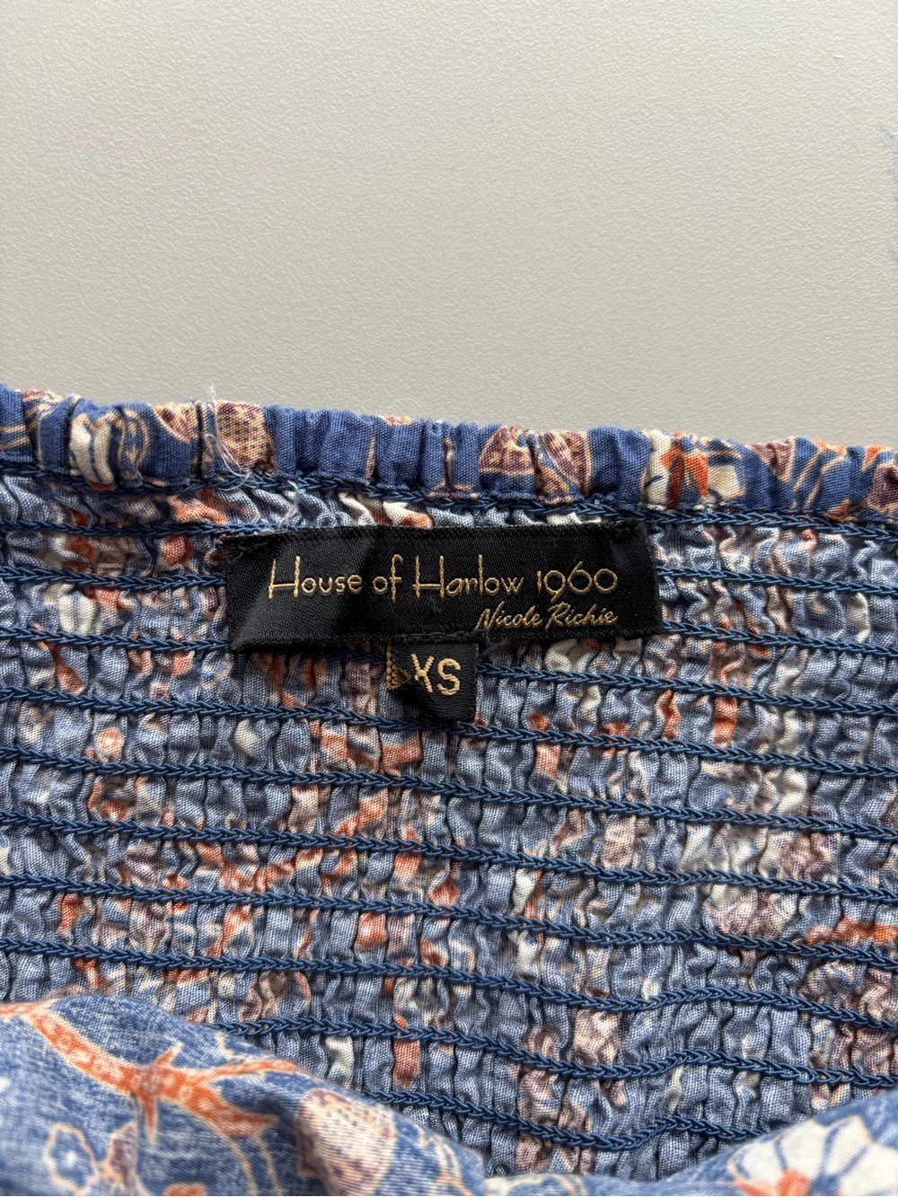 House of Harlow Navy Blue Orange Floral Puff-Sleeve Smocked Mini Dress - Picture 11 of 13